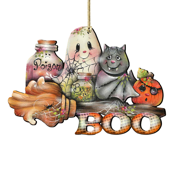 Designocracy Set of 2 "Boo" Broom Wooden Halloween Ornaments 5.5"