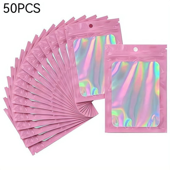 50Pcs Rainbow Holographic Resealable Bags, Clear Opaque Dual Sided Self Seal Pouches, Small Zipper Storage Bags for Badge, Jewelry & Tiny Accessories