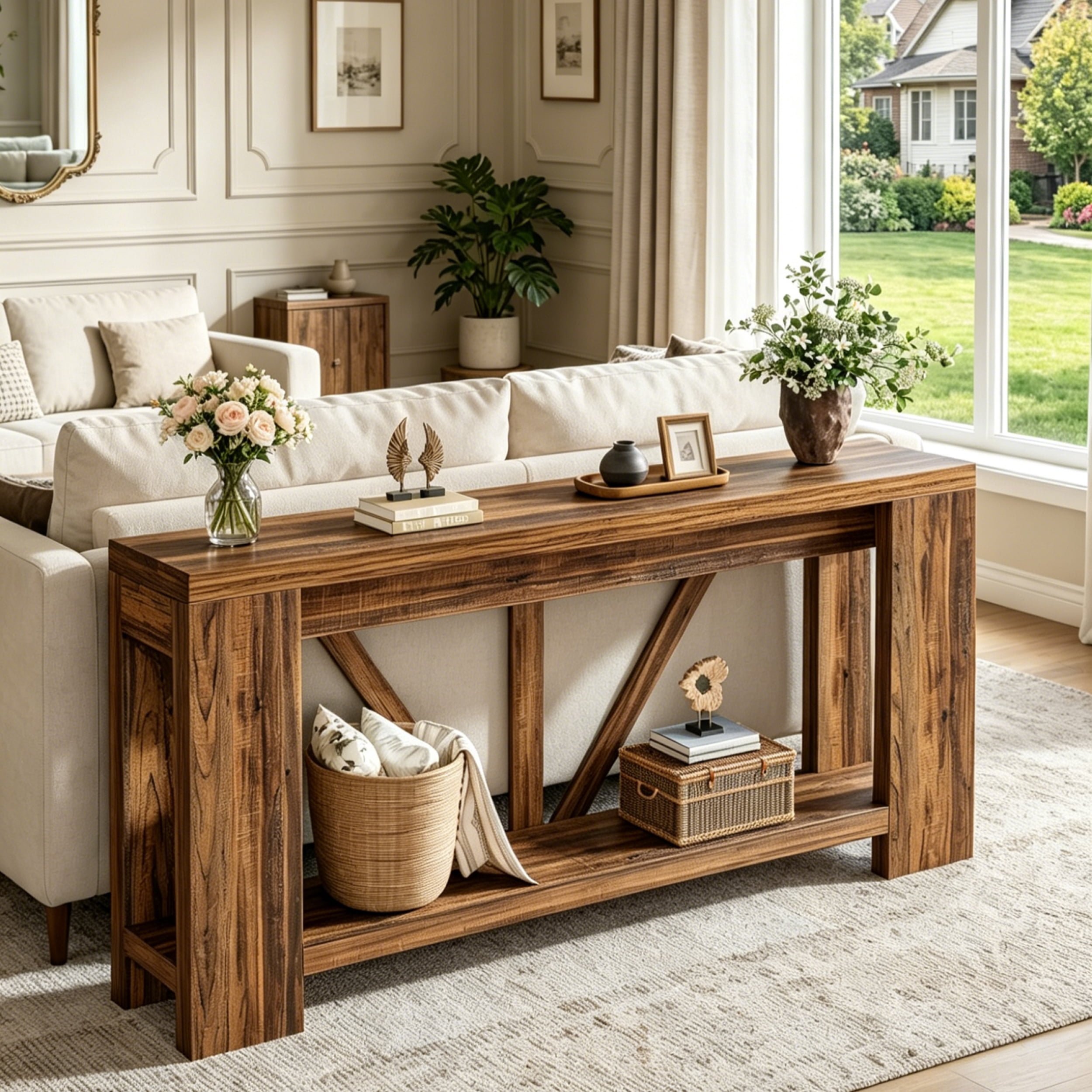 Fnova 70.9" Console Table, 2-Tier Farmhouse Entryway Table, Narrow Long Wood Sofa Table Behind Couch with V-Shaped Support for Living Room, Hallway, Foyer
