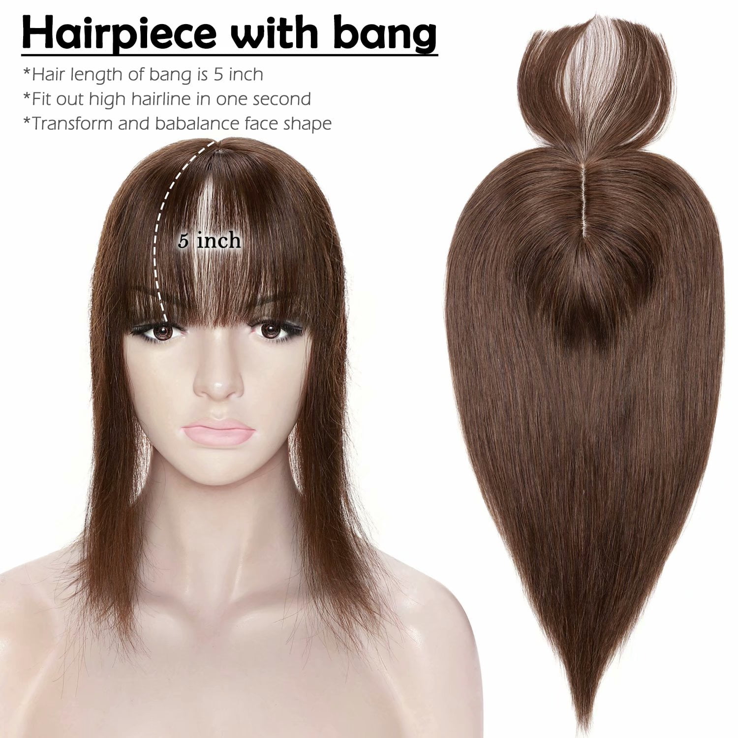 Benehair 100% Real Remy Human Hair Extensions Silk Base Clip In Topper Toupee Hairpiece With Bangs for Women Hair Loss Brown