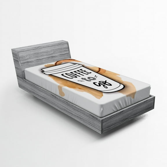 Coffee Fitted Sheet, Outline Take Away Cup on Spilled Drink Watercolor Splashes, Soft Decorative Fabric Bedding All-Round Elastic Pocket, Twin Size, Brown Grey, by Ambesonne