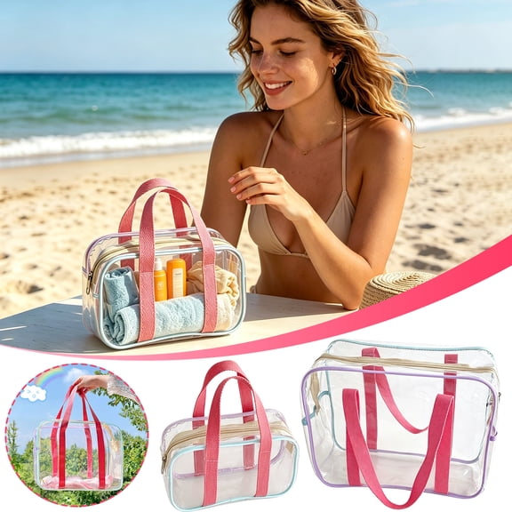Macaron Color Clear PVC Cosmetic Tote Bag, Waterproof Transparent Travel Toiletry Organizer, Portable Makeup Bag for Beach Swimming Shower Gym Travel Storage