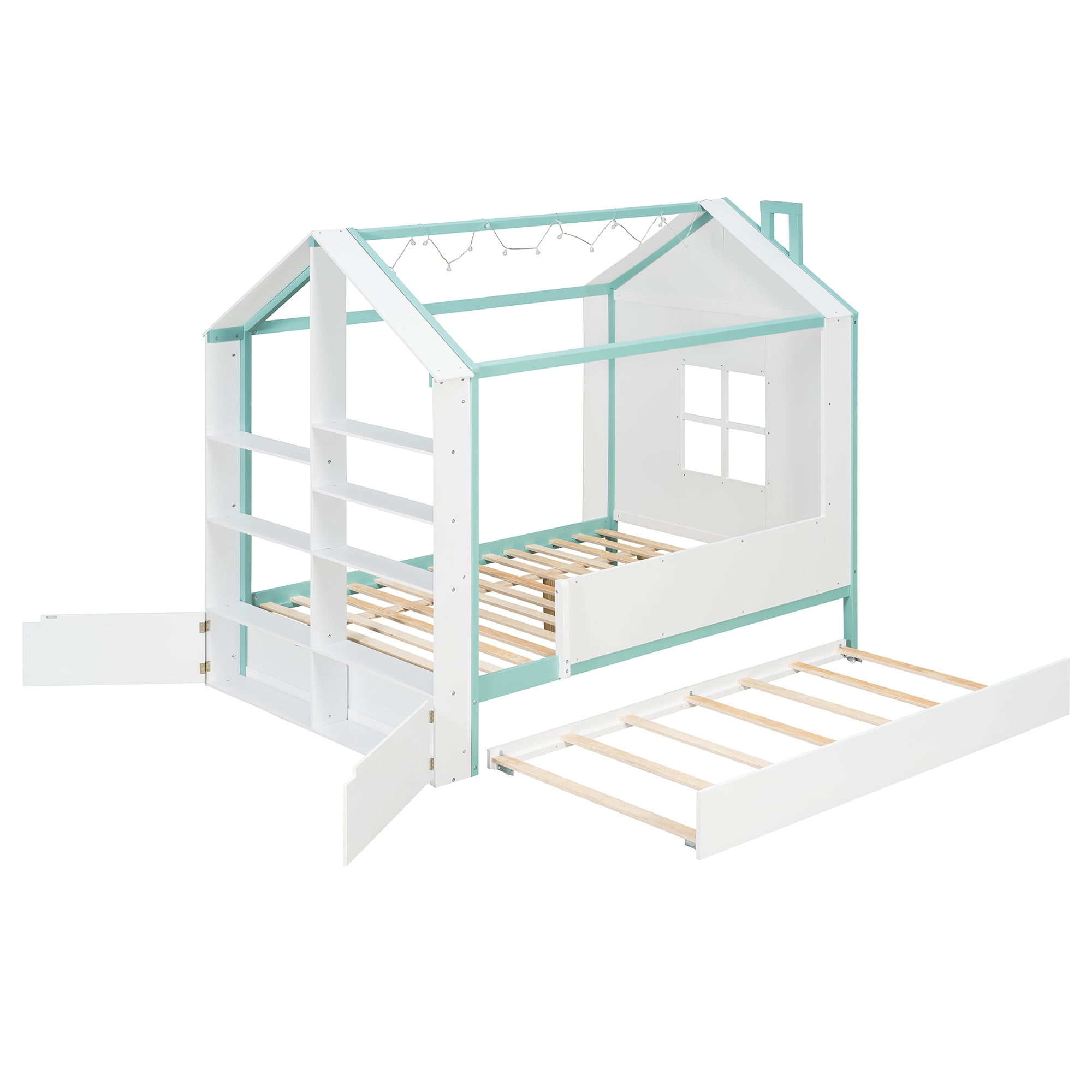 Full Size House Bed Frame with Pull-Out Trundle, Tail End Storage Shelves and Cool White LED Lights, White+Blue