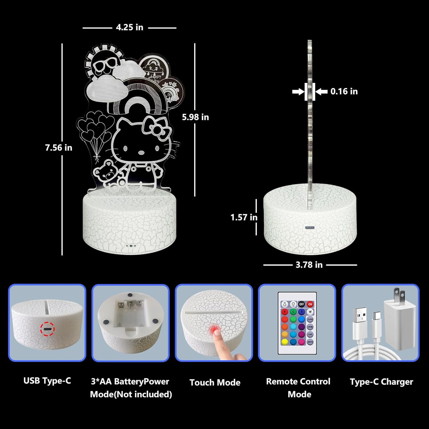 Aorsher Cute Cat Night Light for Kids, LED Cat Night Light with 16 Colors Dimmable Remote Control and Luminous Base, Bedroom Decoration Gift for Christmas Birthday Girls