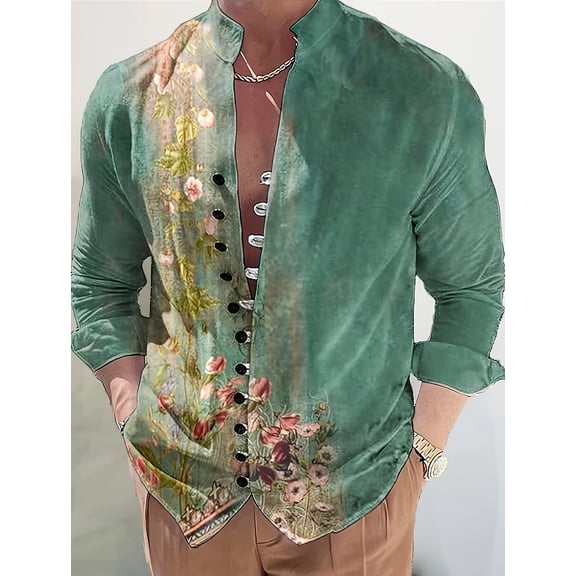 Hawaiian Shirt for Men Beach Shirts Summer Button Down Long Sleeve Tops Vacation Outfits Clothes Green L