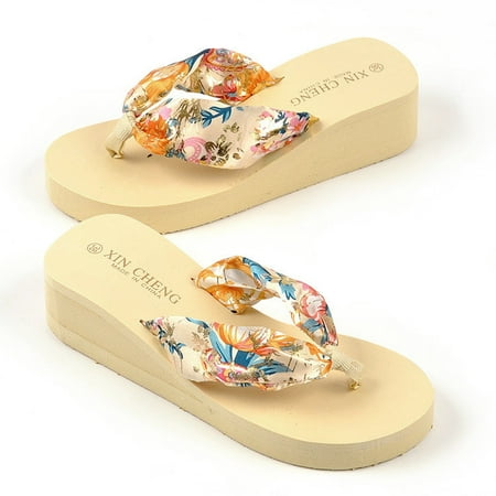 New Women Flip Flops Bohemia Floral Beach Sandals Platform Thongs