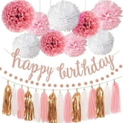 Pink Rose Gold Birthday Party Decorations Set， Rose Gold Glittery Happy Birthday banner， Tissue Paper Pom， Circle Dots Garland and Tassel Garland for Birthday Party Decorations