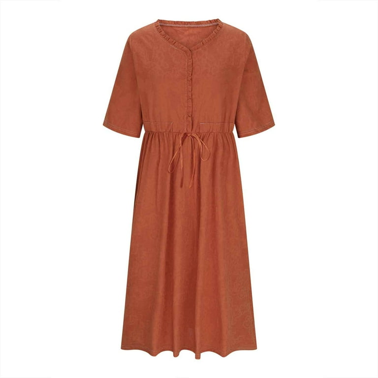 Arnsht Women's Cotton Dress Mid-Length Pocket V-Neck Five-Quarter Sleeve  Solid Color Jacquard Drawstring Mid-Length Dresses Orange XL - Walmart.com
