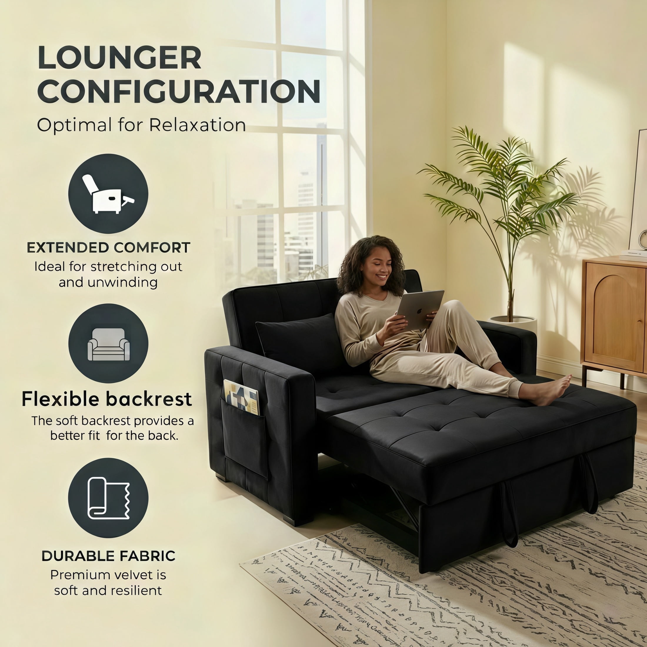 Amuille 3 in 1 Convertible Sleeper Sofa Bed, 54" Velvet Fabric Loveseat, Pull Out Couch for Living Room and Apartment, Black