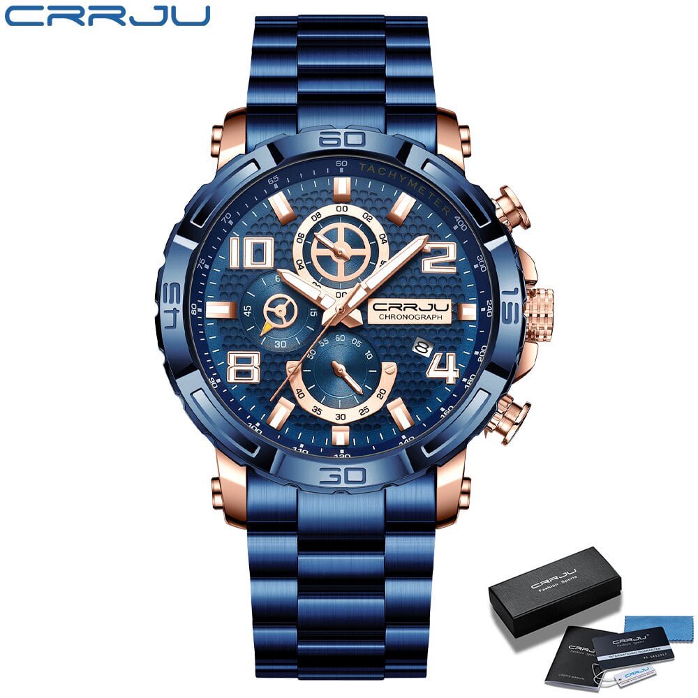 CRRJU Watch Top Brand Casual Sport Chronograph Men's Watches 316L Stainless Steel Wristwatch Big Dial Waterproof Quartz Clock