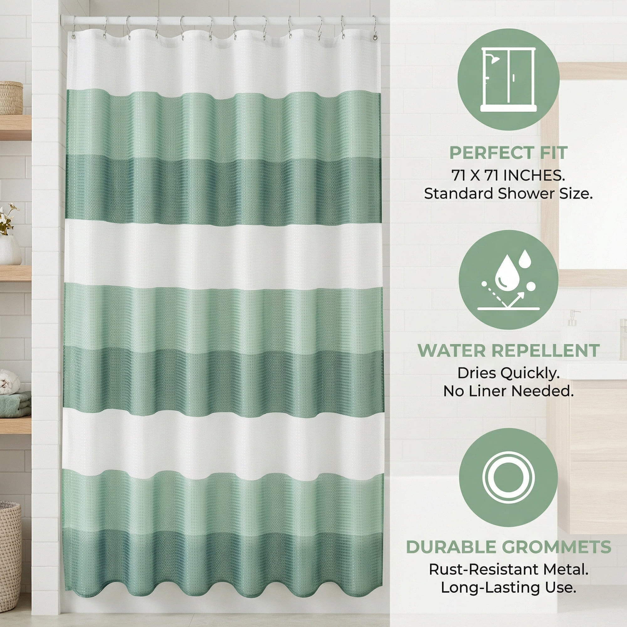 Unique Bargains Waffle Stripe Shower Curtain Sets with 12 Hooks Green 71"W x 71"L