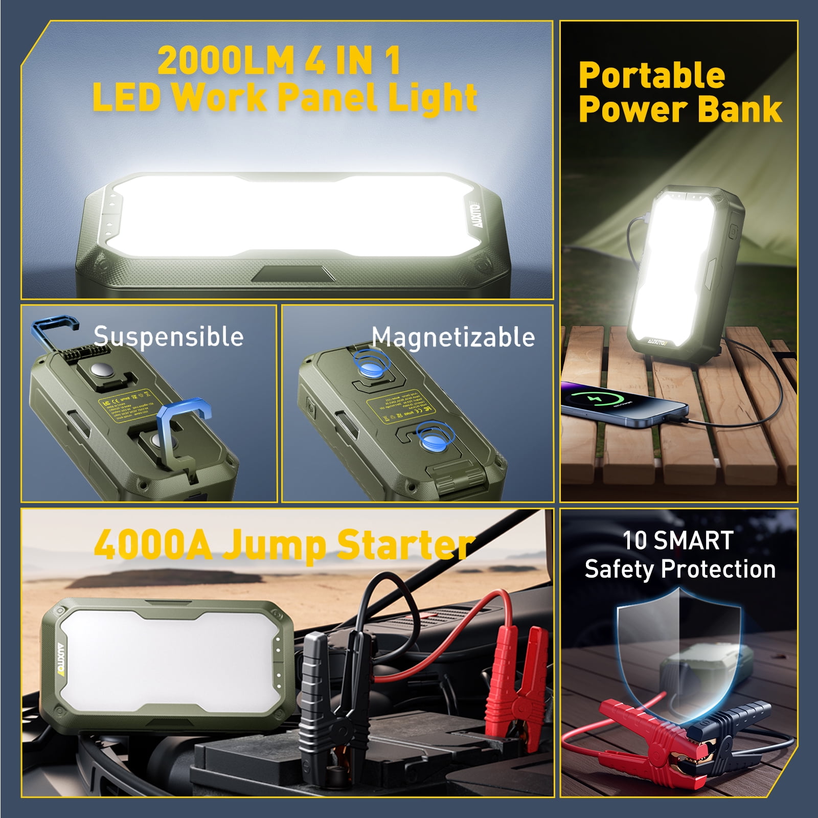 AUXITO Jump Starter 4000A Car Battery Portable Jump Starter(8L Gas/7L Diesel) 2000LM Camping Light, 12V Jump Box with 4 Modes Working Light and 2 Hook, Portable Charger and Jump Cables