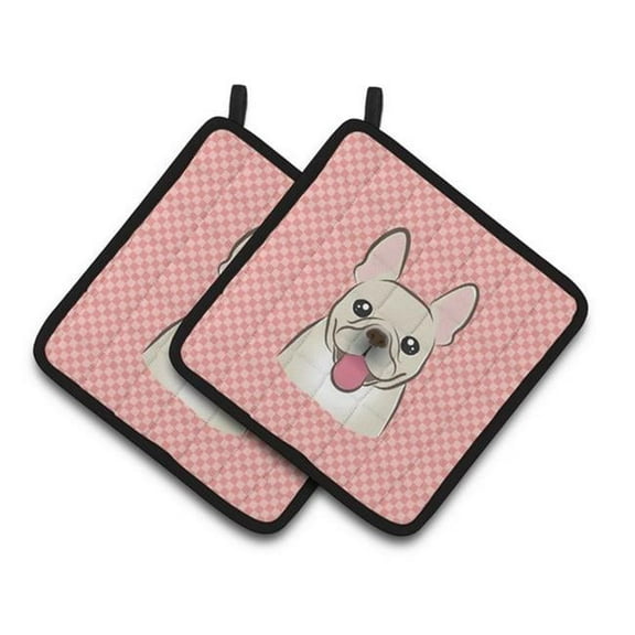 Checkerboard Pink French Bulldog Pair of Pot Holders, 7.5 x 3 x 7.5 in.