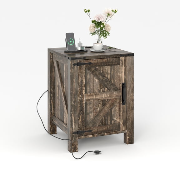 Farmhouse Bedside Table with USB Charging Station – 18" Wooden Bedside Table, with Barn Door & Adjustable Shelf, for Bedroom Living Room, Dark Brown