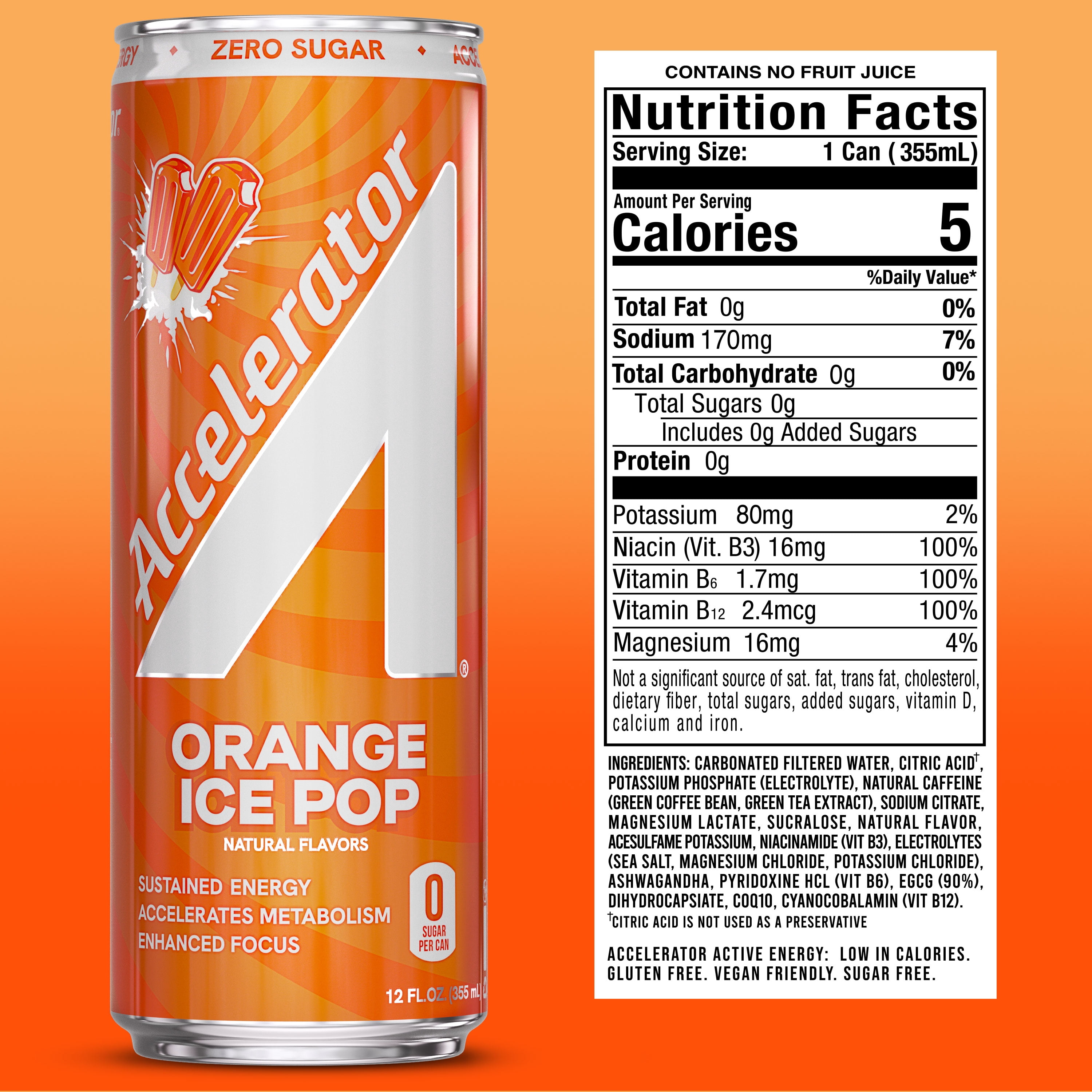 Accelerator Energy Drink, Orange Ice Pop 12 fl oz can (12 pack), Zero Sugar, Sustained Energy from 100% Natural Caffeine (200mg from Green Coffee Bean & Green Tea extract)