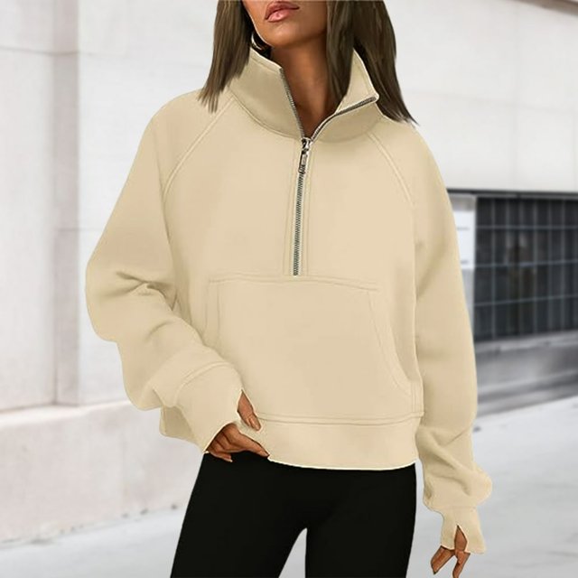 Stand Collar Fall Clothes Half Zip Women Solid Color Daily Outfit (Coffee XL)