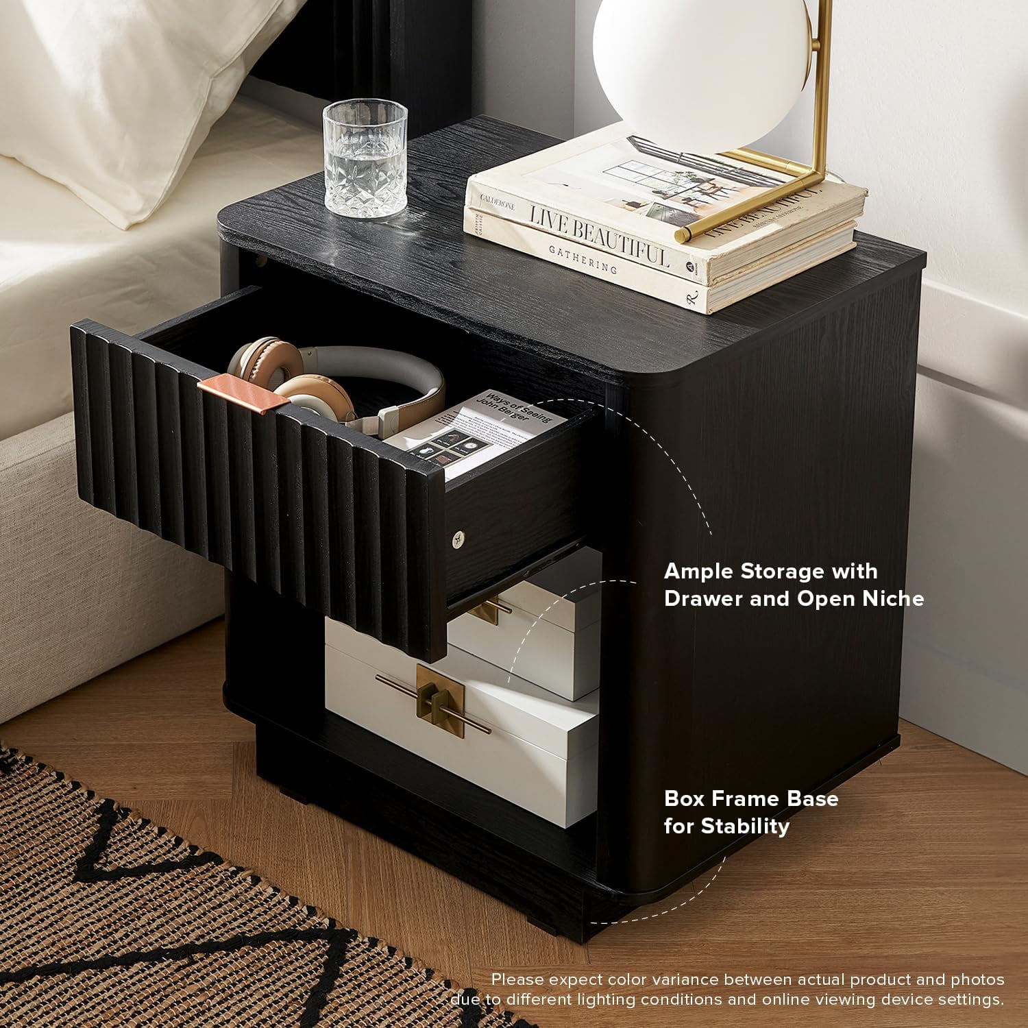 Mopio Brooklyn Black Oak Nightstand, Modern Farmhouse Side Table with Drawer and Storage, Fluted Panel, Curved Profile, Rose Gold Handle