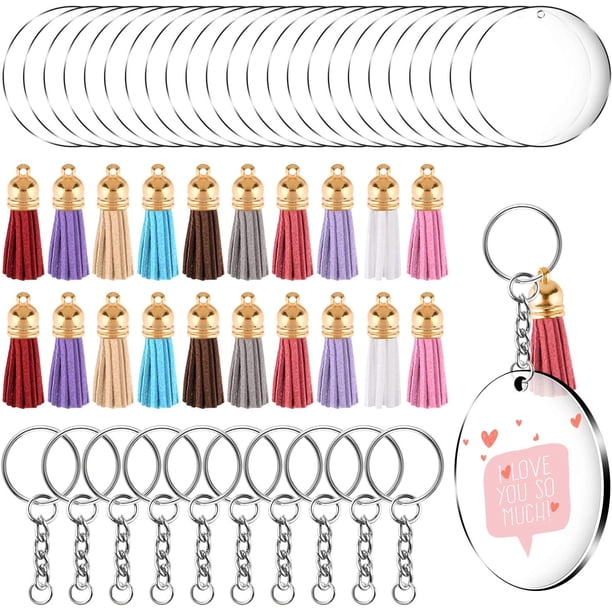 Llaveros acrílicos transparentes en blanco, cortados con láser para manualidades de vinilo, muy transparentes, con anillos para llavero, anillos de salto y borlas, ideales para souvenirs o regalos,