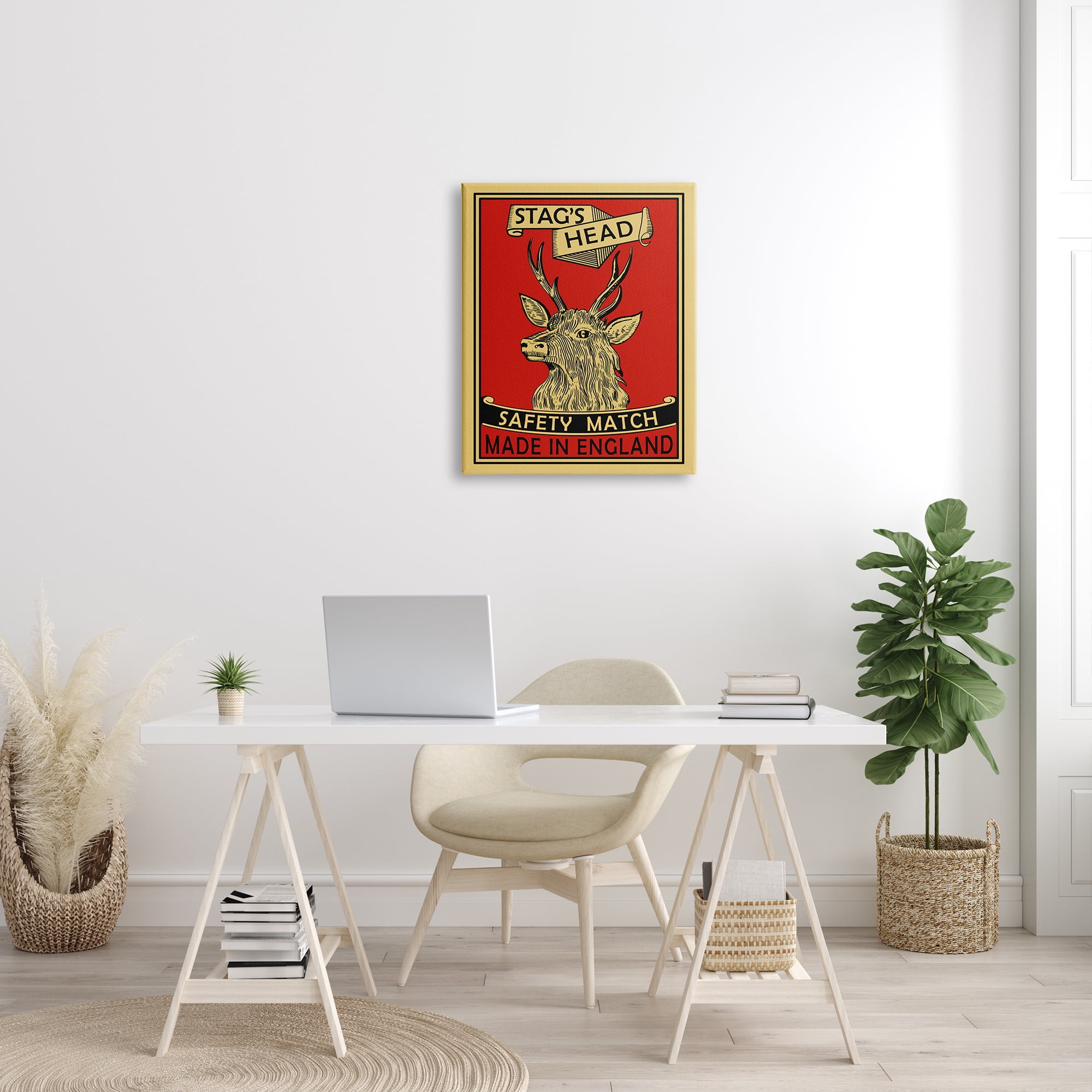 Stupell Industries Stag's Head Safety Match Advertisement Deer Red Yellow, 24 x 30, Designed by Mark Rogan