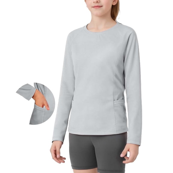 Twczz Girls Sun Protection Shirts with Pockets- Quick Dry Lightweight Long Sleeve UPF 50 Hiking Outdoor Tops Gray Size 4-14 Years