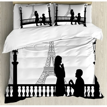 Engagement Party Duvet Cover Set King Size, Paris Lovers City Wedding Proposal for Great Future Image Happiness, Decorative 3 Piece Bedding Set with 2 Pillow Shams, Black and White, by Ambesonne