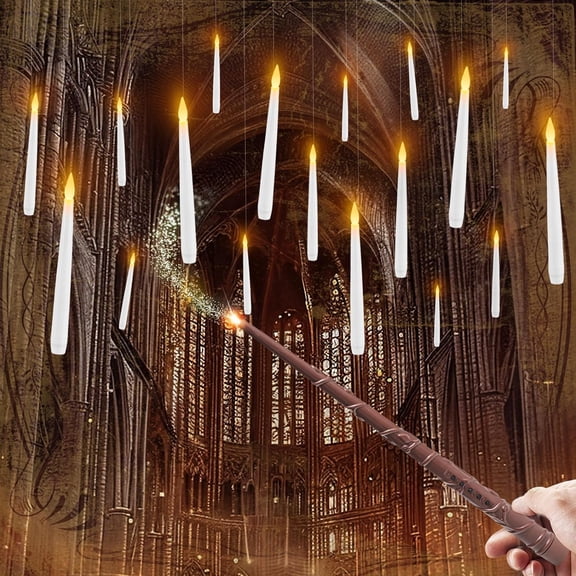 20 PCs Floating Candles with Wand, Halloween Decoration Magic Hanging Candles, Flickering Warm Light Flameless Floating LED Candle with Wand Remote, Battery Operated Taper Candle Set for Theme Party