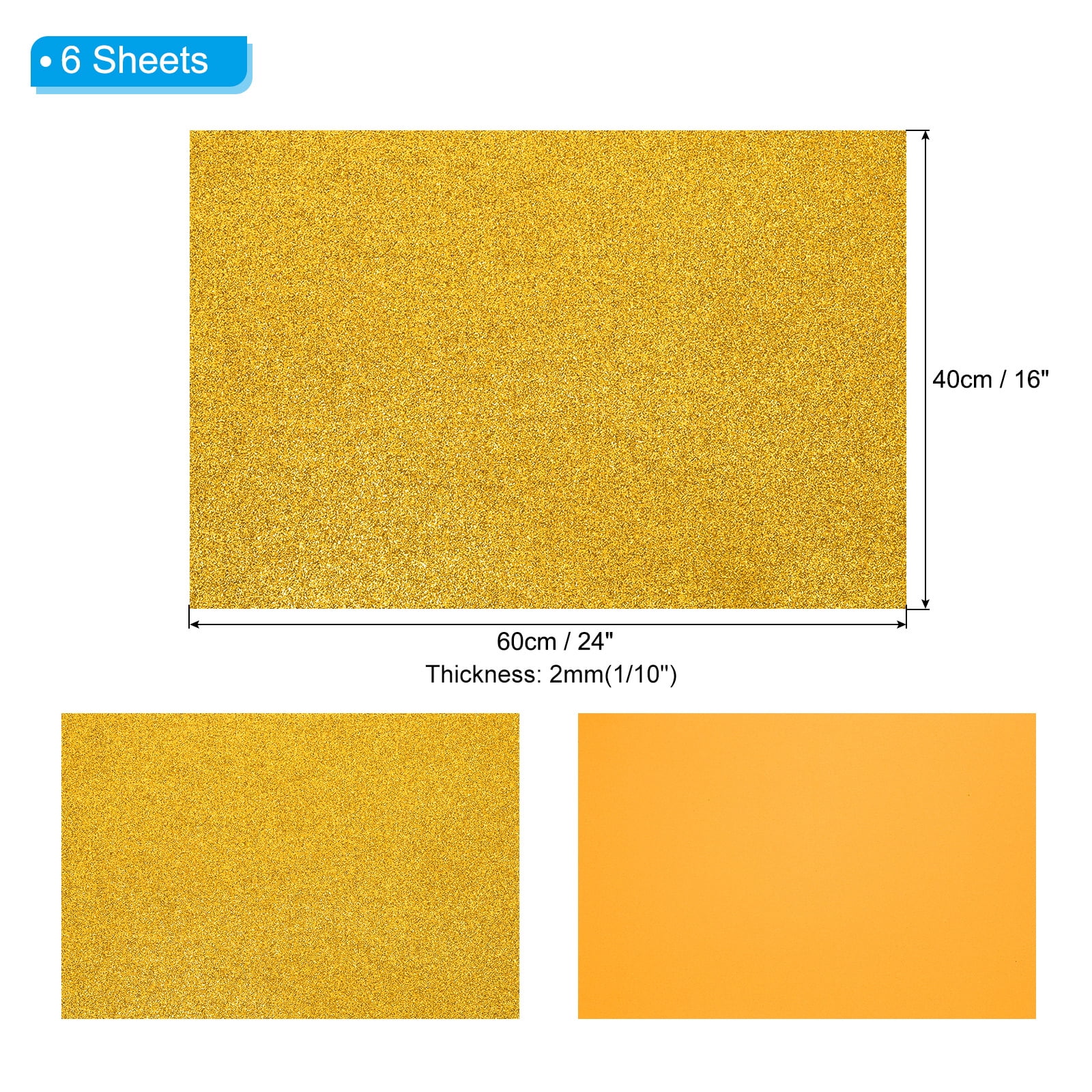 Uxcell 2mm(1/10") Thick Non Adhesive Glitter Foam Sheet 16x24inch(40x60cm) Gold Tone, EVA Shiny Foam Board for Craft, 6 Pcs