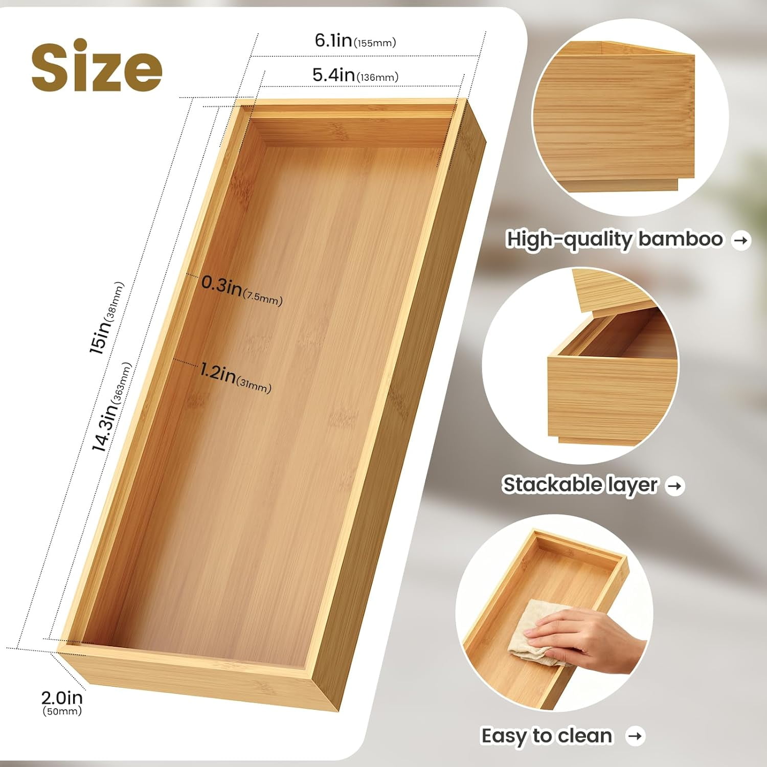 RGHJAR-Bamboo Drawer Organizer, Stackable Utensil Trays for Kitchen, Wood Silverware Organizer for Drawer, Set of 2-15"x6"x2"