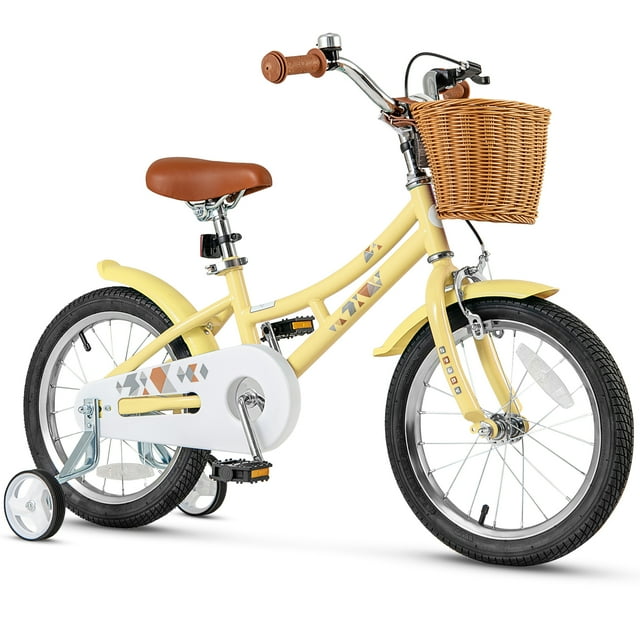 Gymax Vélo pour Enfants 16 Pieds' avec Guidon, Selle, Panier et Sonnette Réglables en Hauteur, Roues Stabilisatrices, Jaune