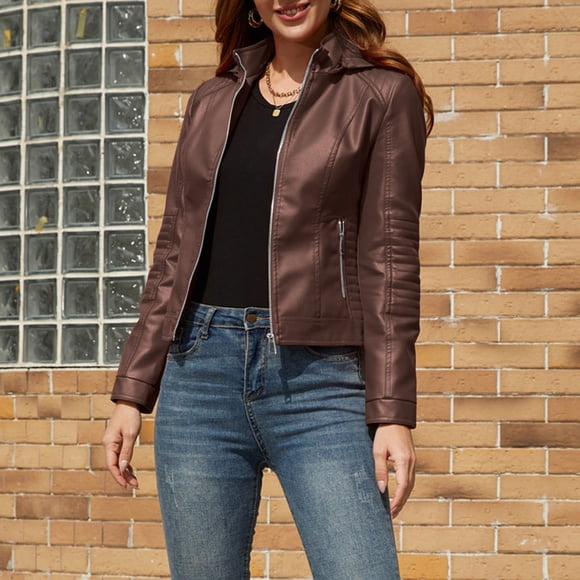 Sentmoon Zipper Leather Jacket Long Sleeve Regular Winter Jackets for Women,Solid Color Hoodie Pockets Winter Jackets for Women Slim Fit Coats Brown XXXL Winter Saving