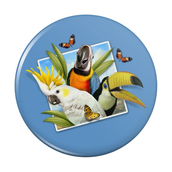 Tropical Birds Selfie Parrot Toucan Pinback Button Pin