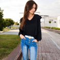 thumbnail image 7 of Women's Long Sleeve V-Neck Top with Ruffled Shoulder Detail - Medium, Black, 7 of 7