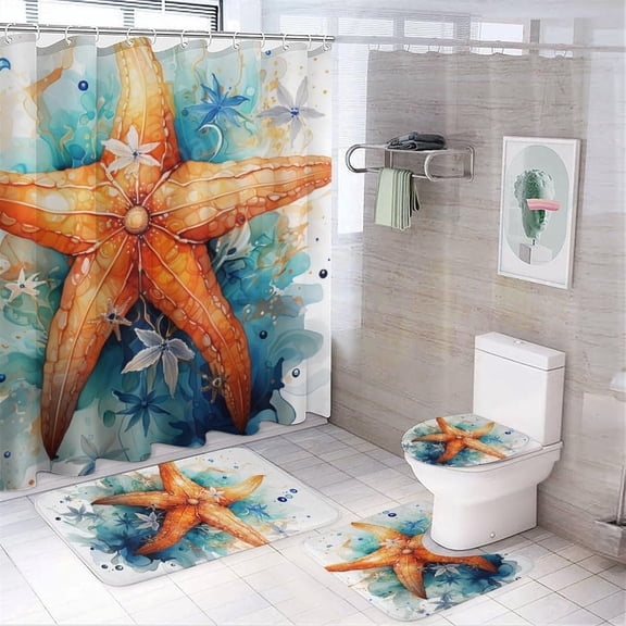 4Pcs Fun Starfish Bathroom Sets with Shower Curtain set Rugs Mats Accessory Blue Painting Modern Animal Bathroom Decorations Sets with Non Slip Rugs Toilet Lid Cover Bath Mat