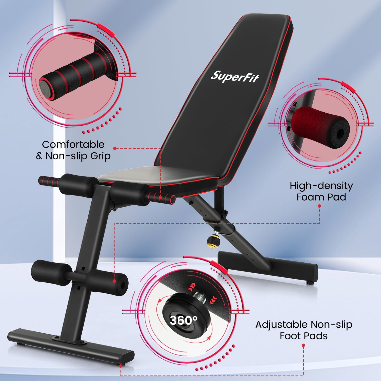 Incline Decline Flat Bench Adjustable, 8 Back & 3 Foot Settings, Padded Cushions for Home Gym, Dumbbell Press Workout Equipment, Black