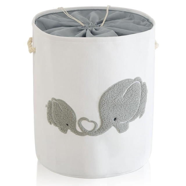 Cesto de Lavandería para Bebé, Cestas para la Ropa de Bebé de Lona de 58L Extra Grande, Cesto de Lavandería Plegable para Guardería con Cierre de Cordón, Cestas de Juguetes (Gris Elefante)