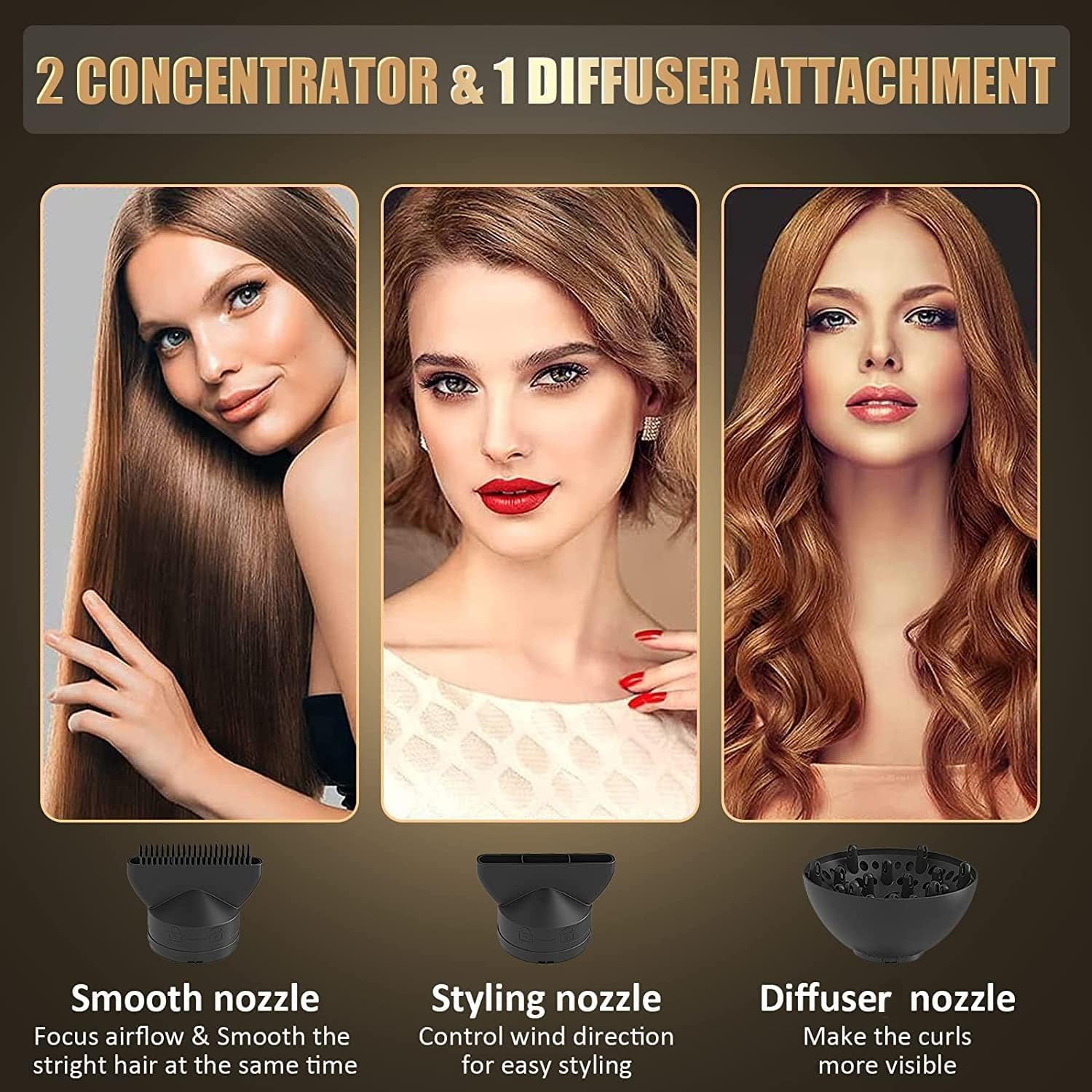 2025 1600W Ionic Hair Dryer, Professional Negative Ion Hair Blow Dryer with Diffuser &2 Nozzles for Curly Hair, Powerful AC Motor, 3 Heating/2 Speed/Cold Settings for Women Men Kids Salon(Grey)