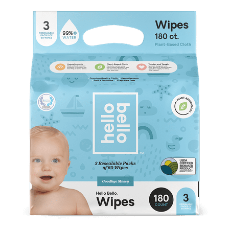 Hello Bello Baby Wipes I Plant Based Wipes for Sensitive Skin Made with 99% Water and Aloe for Babies and Kids I Unscented I 180 Count
