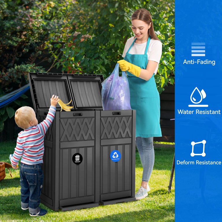 Dextrus 62-Gallon Outdoor Resin Trash Can, Dual Bin, Tiered Lid