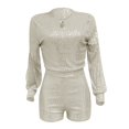 thumbnail image 3 of Plus Size Jumpsuit Women'S Round Neck Long Sleeved Split Sequin Shorts Jumpsuit,Beige Women'S Polyester Shorts M, 3 of 4