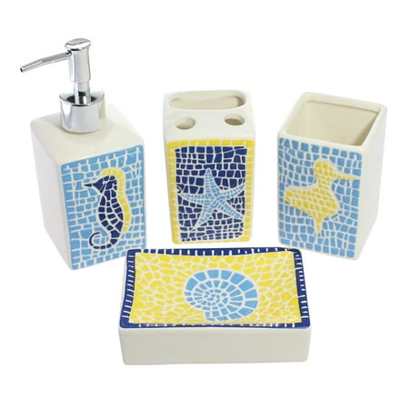 4 Piece Bathroom Accessory Set Ceramic Sea Animal Tiles Features 4 Piece Bathroom Accessory Set Ceramic Sea Animal Tiles Features Soap Dispenser