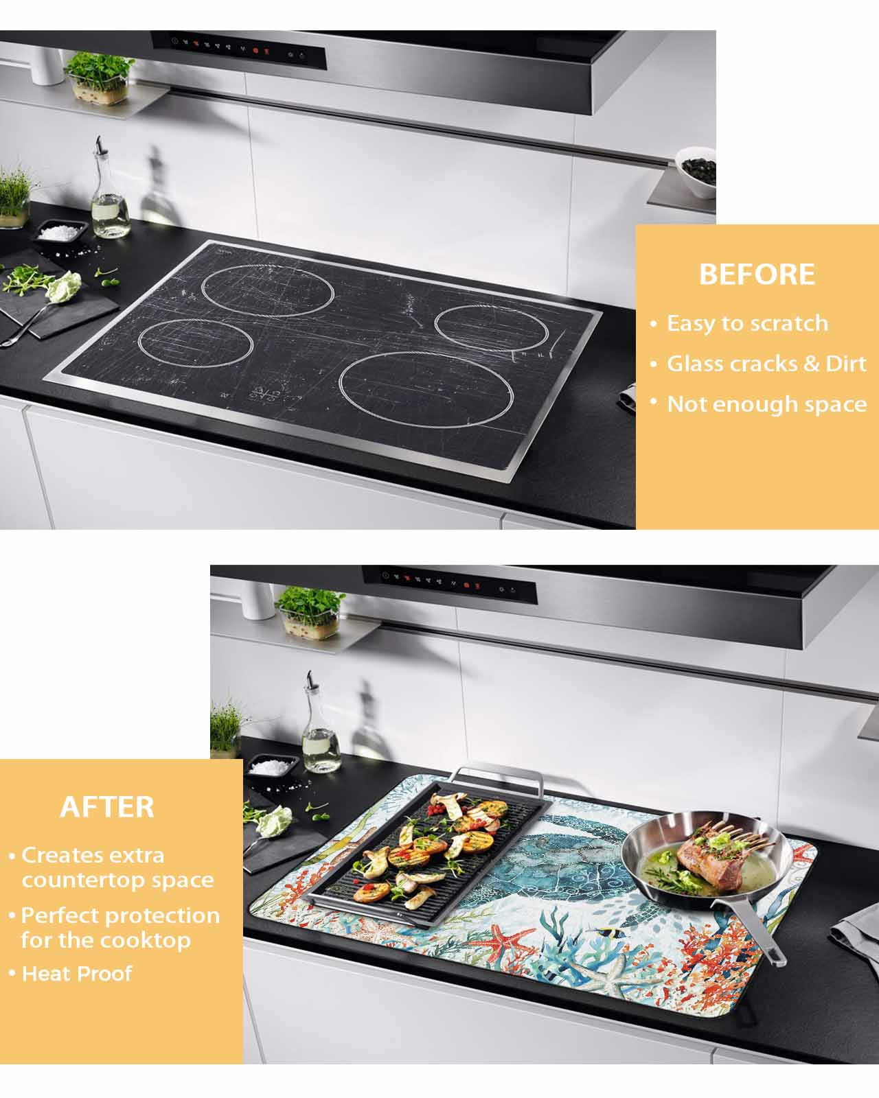 nqOlkjepod Large Induction Cooktop Protector Mat 36"x21", Coastal Turtle Stove Top Covers for Electric Stove, Summer Beach Nautical Coral Starfish Stove Burner Cover Mats, Glass Top Stove Cover