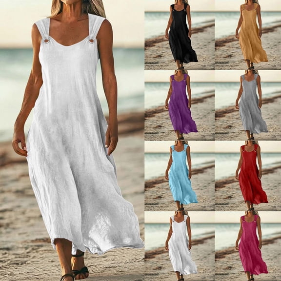 Horkkom Linen Dress Women Summer Sleeveless Flowy Maxi Dress Casual Loose Solid Color Long Dresses with Pockets L