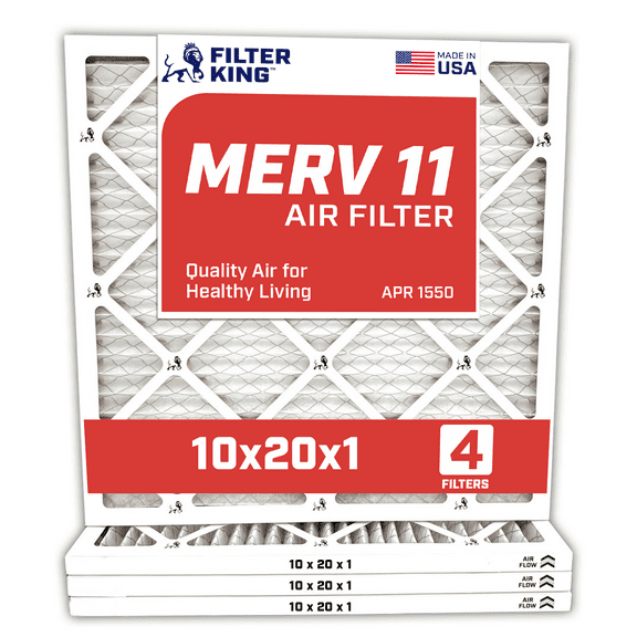 Filter King 10x20x1 Air Filter | 4-PACK | MERV 11 HVAC Pleated A/C Furnace Filters | MADE IN USA | Actual Size: 9.5 x 19.5 x .75"