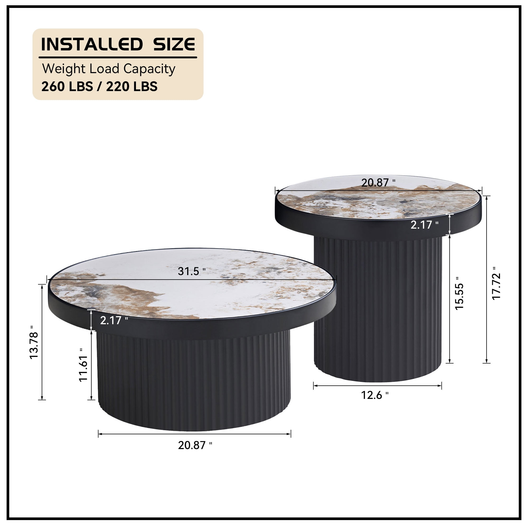 Kevinplus Round Coffee Table Set of 2 with Stone Tabletop for Living Room ,Apartment,Leisure Area, Black