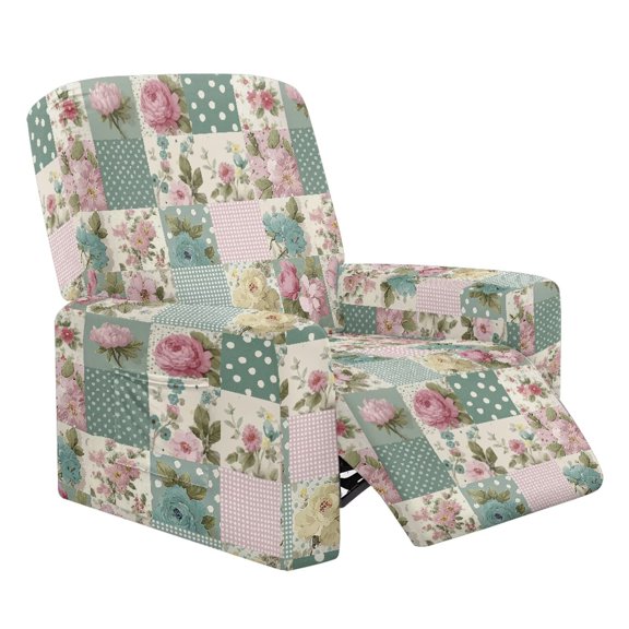 HUIACONG Pink Green Patchwork Floral Print Recliner Chair Slipcovers, Side Pockets Soft Breathable Wrinkle Resistant, No Tools Needed Full Coverage Furniture Protector