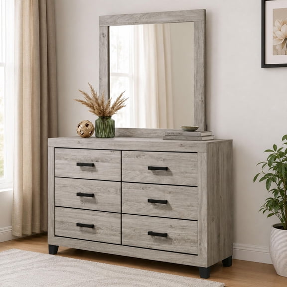 Kings Brand Furniture Napa 6-Drawer Wooden Dresser and Mirror for Bedroom, Closet (Light Grey)