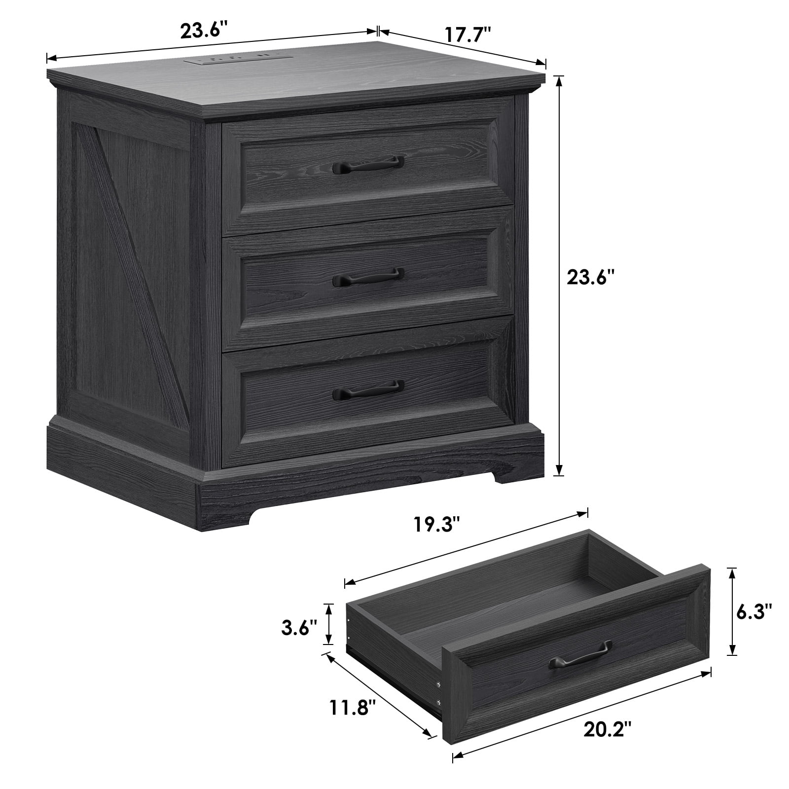 Hommpa Farmhouse 3 Drawers Nightstand with Charging Station, Rustic Wood Night Stand with Drawers for Bedroom, Vintage Bedside Table Small Dresser Chest of Drawers for Living Room, Black