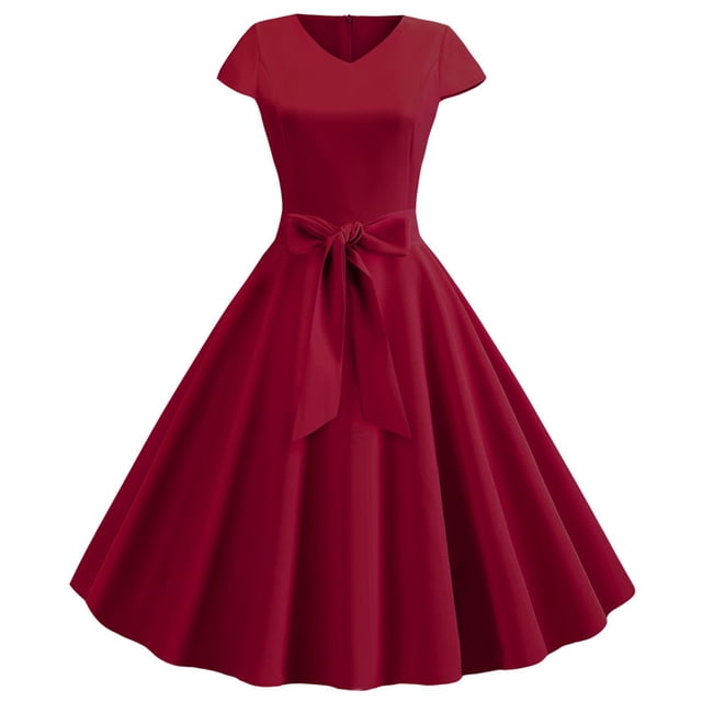 Outfmvch Robe Renaissance Robe Rouge Vintage Col en V Manches Courtes Couleur Unie Robe Décontractée Robe de Cocktail Robe de Soirée Robes pour Femmes Vin 2TG