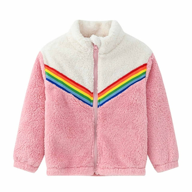 YYDGH Girls Zipper Jacket Fuzzy Sweatshirt Long Sleeve Casual Cozy Fleece Sherpa Outwear Coat Full-Zip Rainbow Jackets(Pink,5-6 Years)