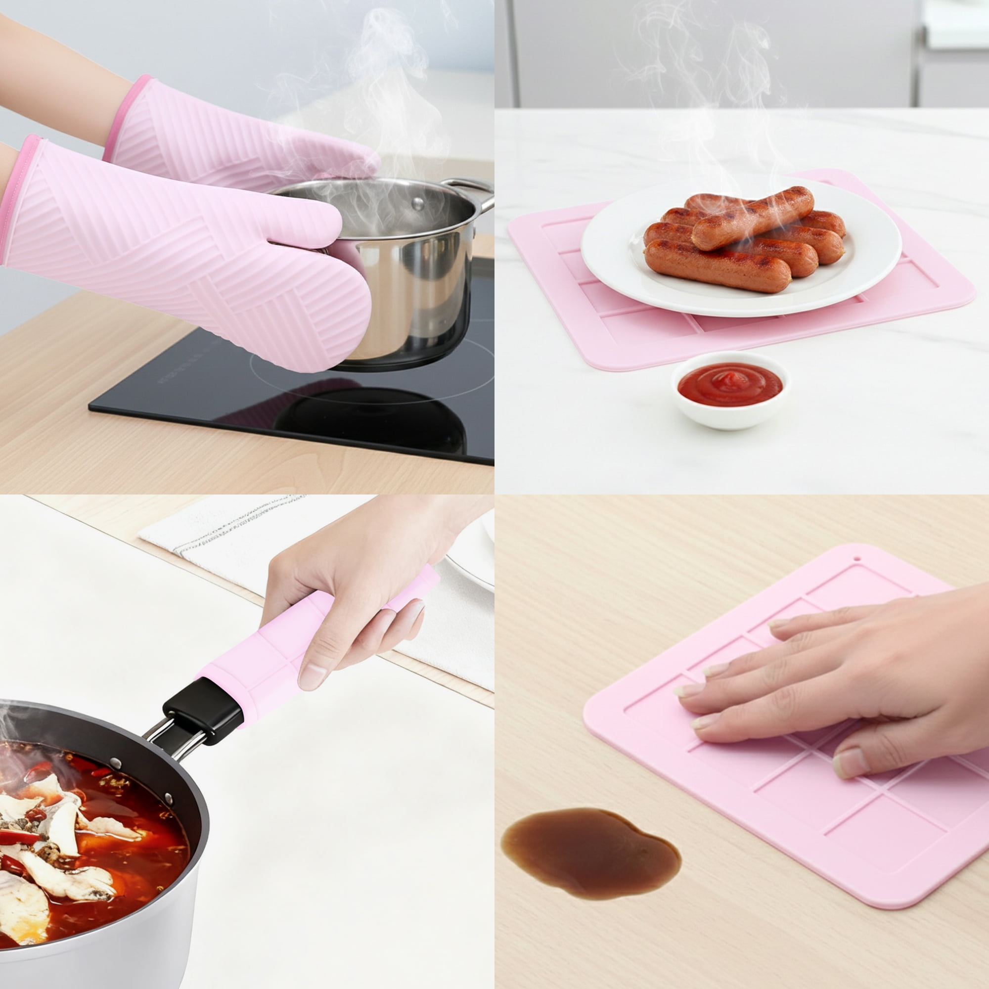 REGALWOVEN Oven Mitts and Pot Holders Sets of 4, Heat Resistant and Non-Slip Pink 13x7.5inch